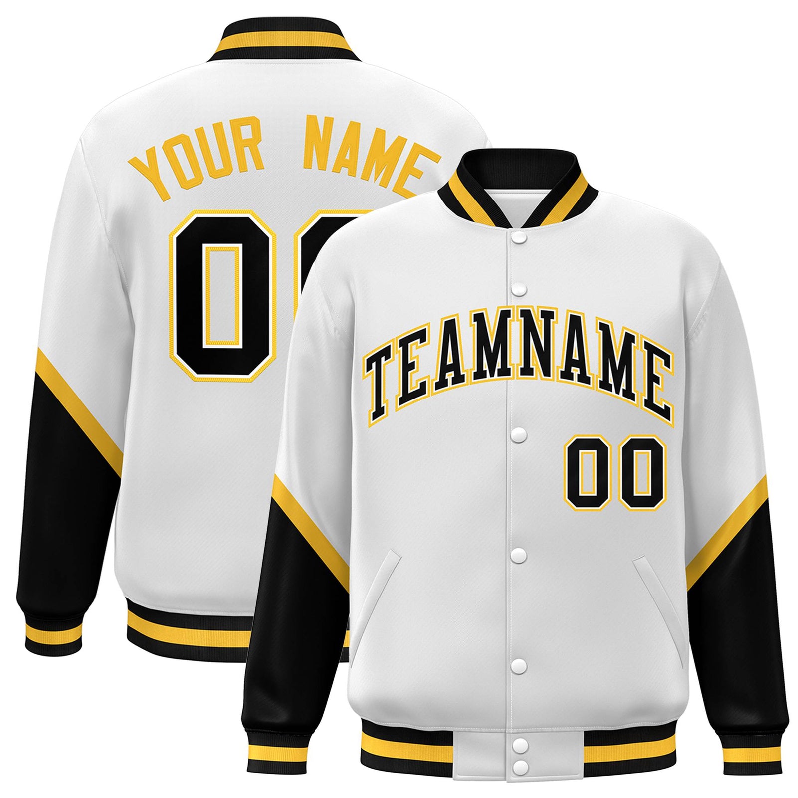 Custom White Black-Gold Varsity Full-Snap Color Block Letterman Jacket