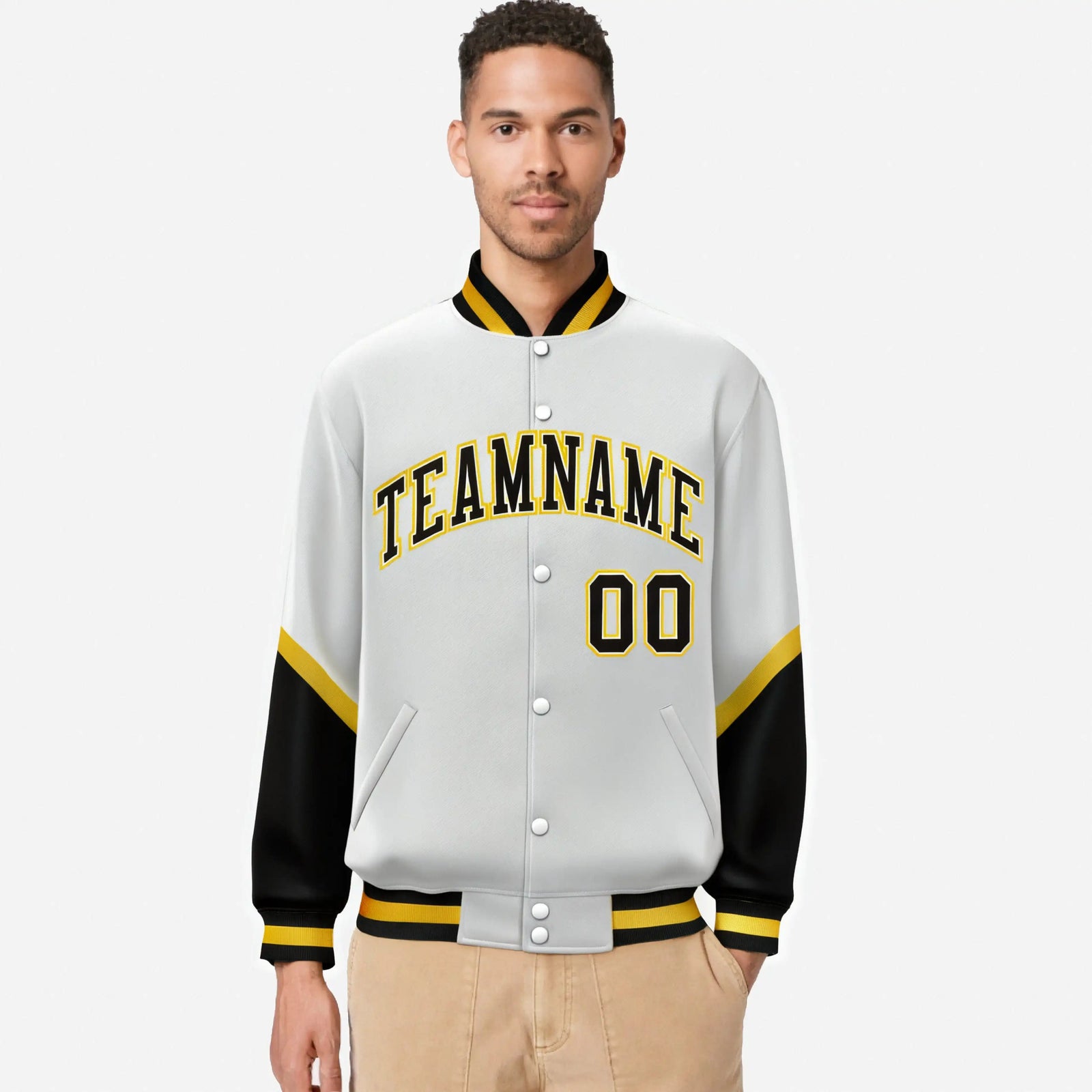 Custom White Black-Gold Varsity Full-Snap Color Block Letterman Jacket
