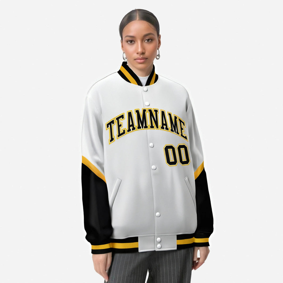 Custom White Black-Gold Varsity Full-Snap Color Block Letterman Jacket