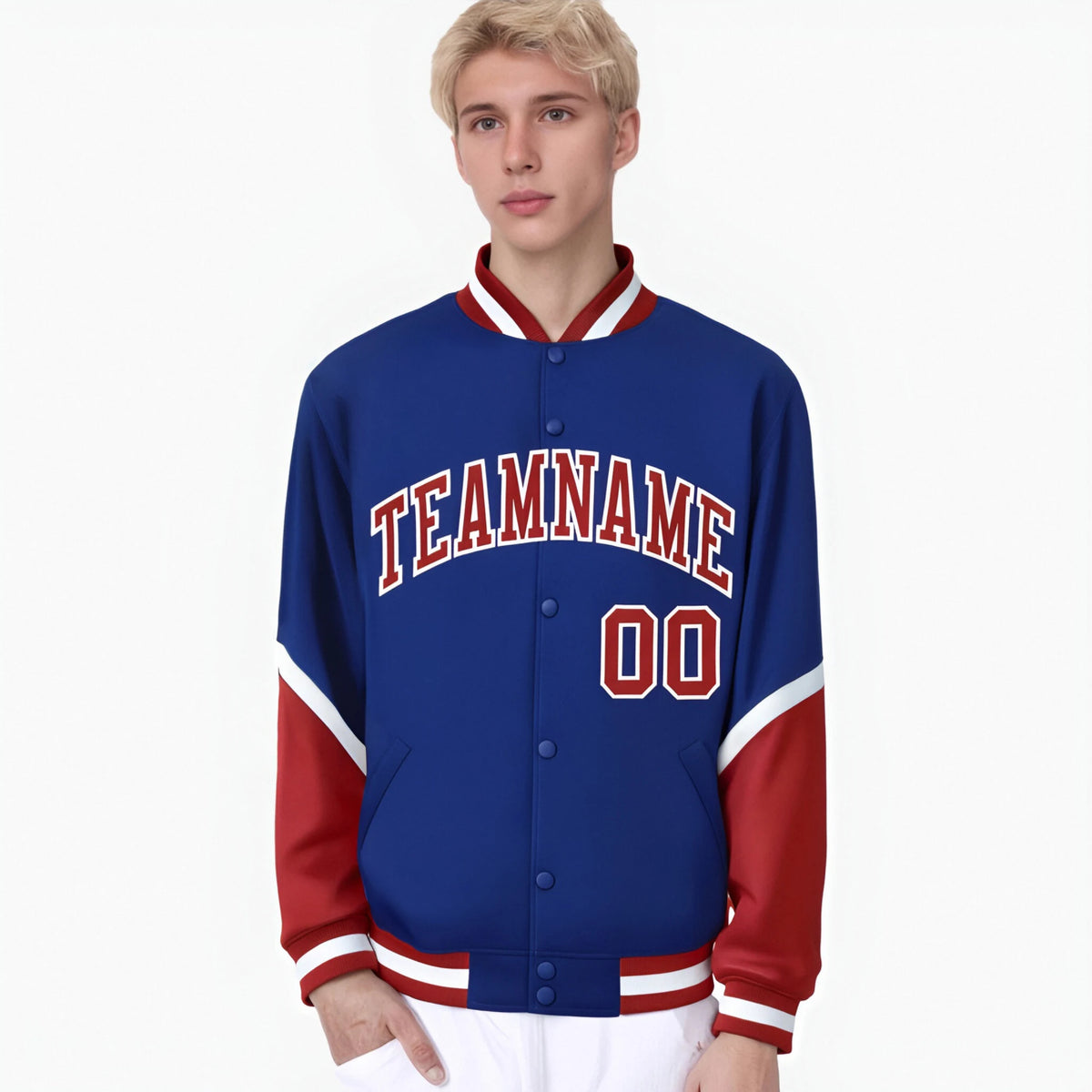Custom Royal Blue Red-White Varsity Full-Snap Color Block Letterman Jacket