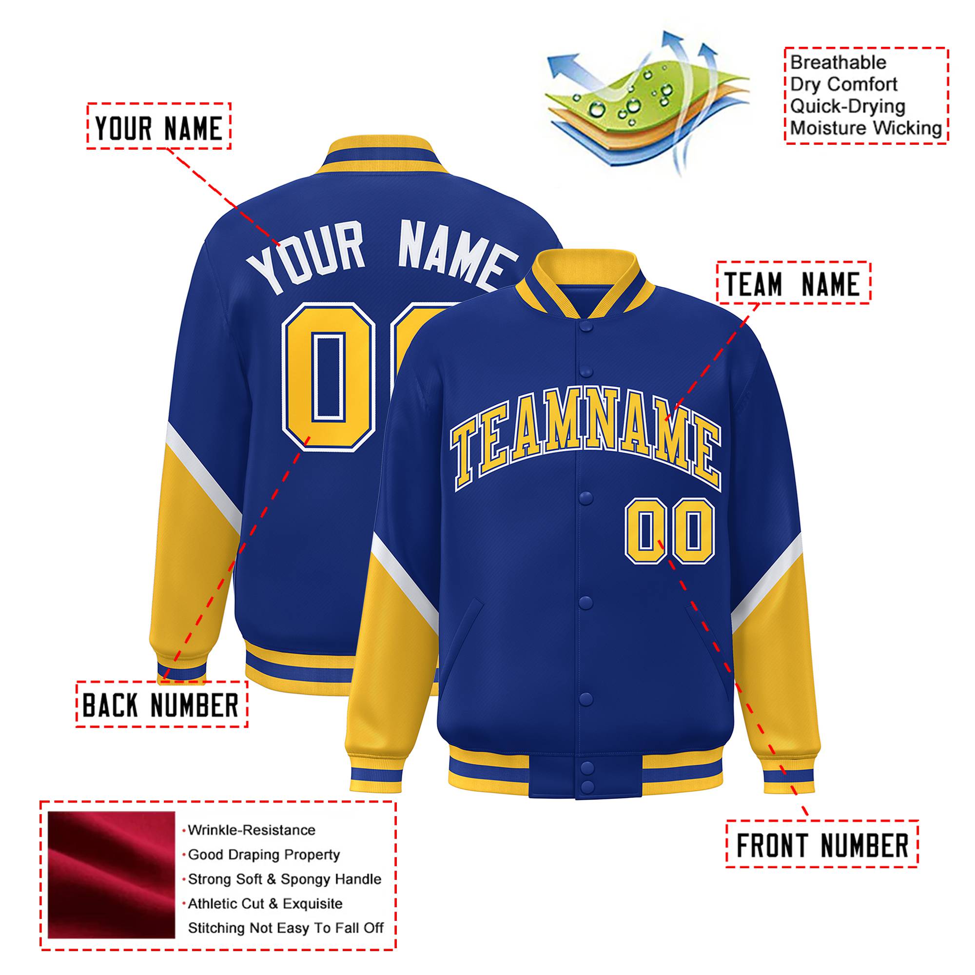 Custom Royal Blue Gold-White Varsity Full-Snap Color Block Letterman Jacket