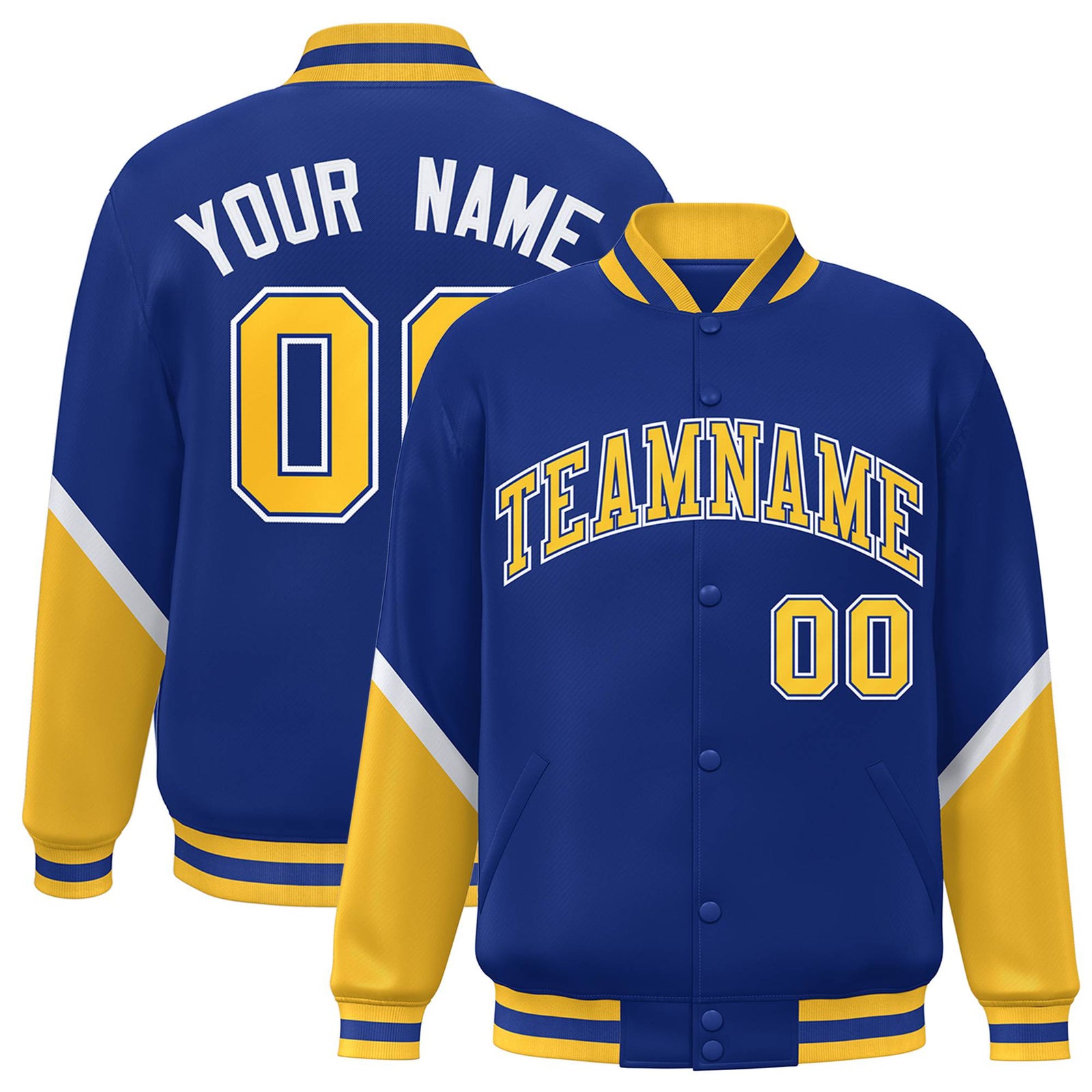 Custom Royal Blue Gold-White Varsity Full-Snap Color Block Letterman Jacket