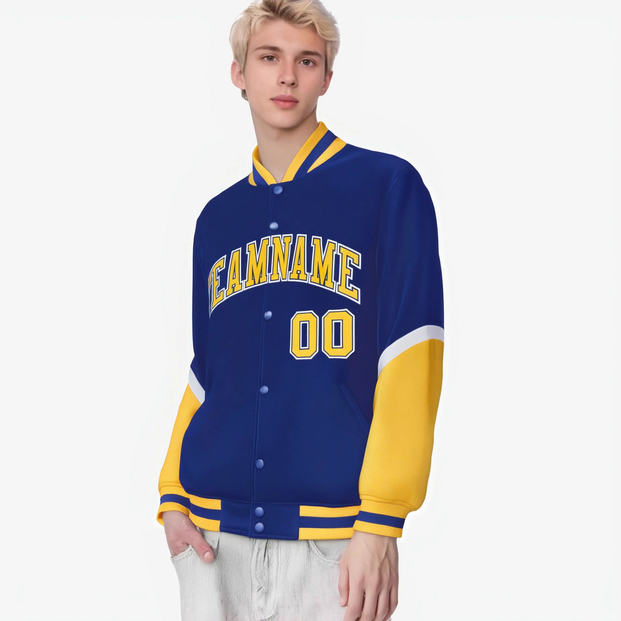 Custom Royal Blue Gold-White Varsity Full-Snap Color Block Letterman Jacket