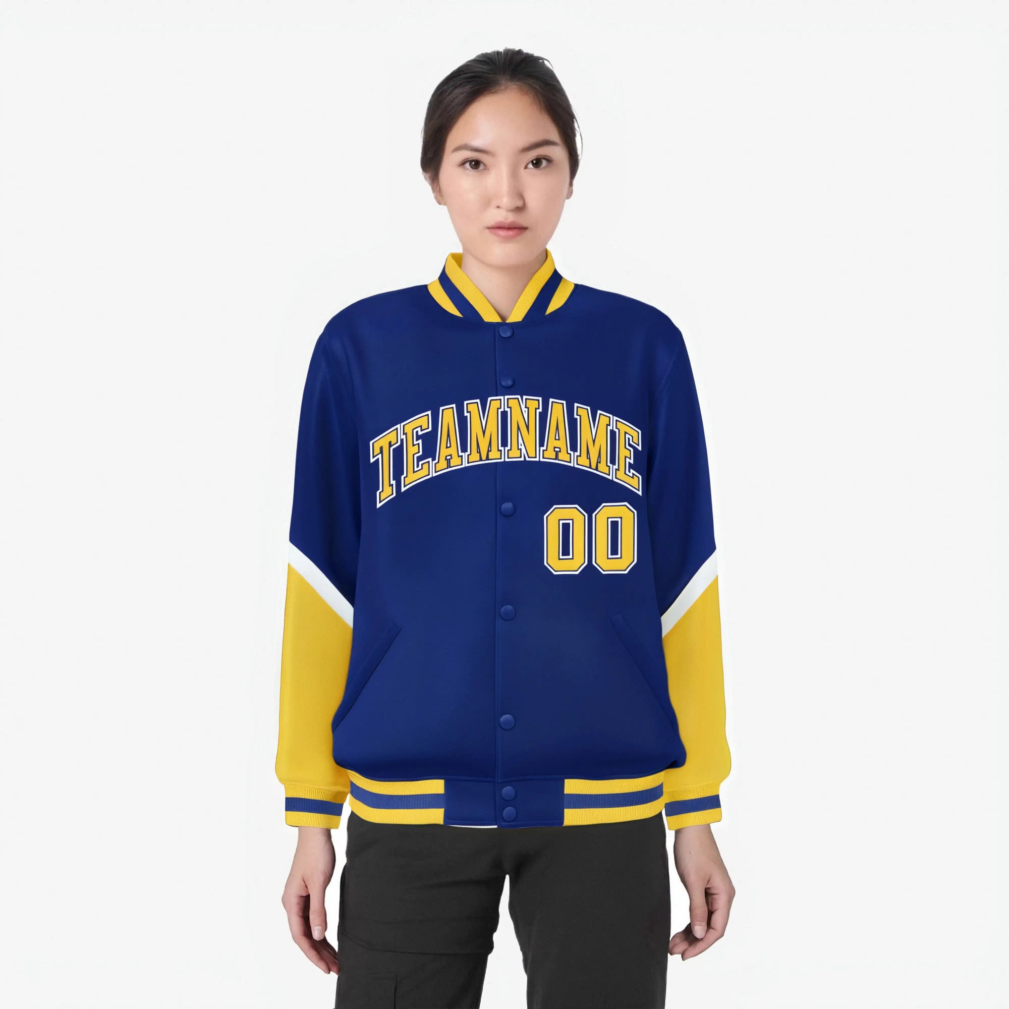 Custom Royal Blue Gold-White Varsity Full-Snap Color Block Letterman Jacket