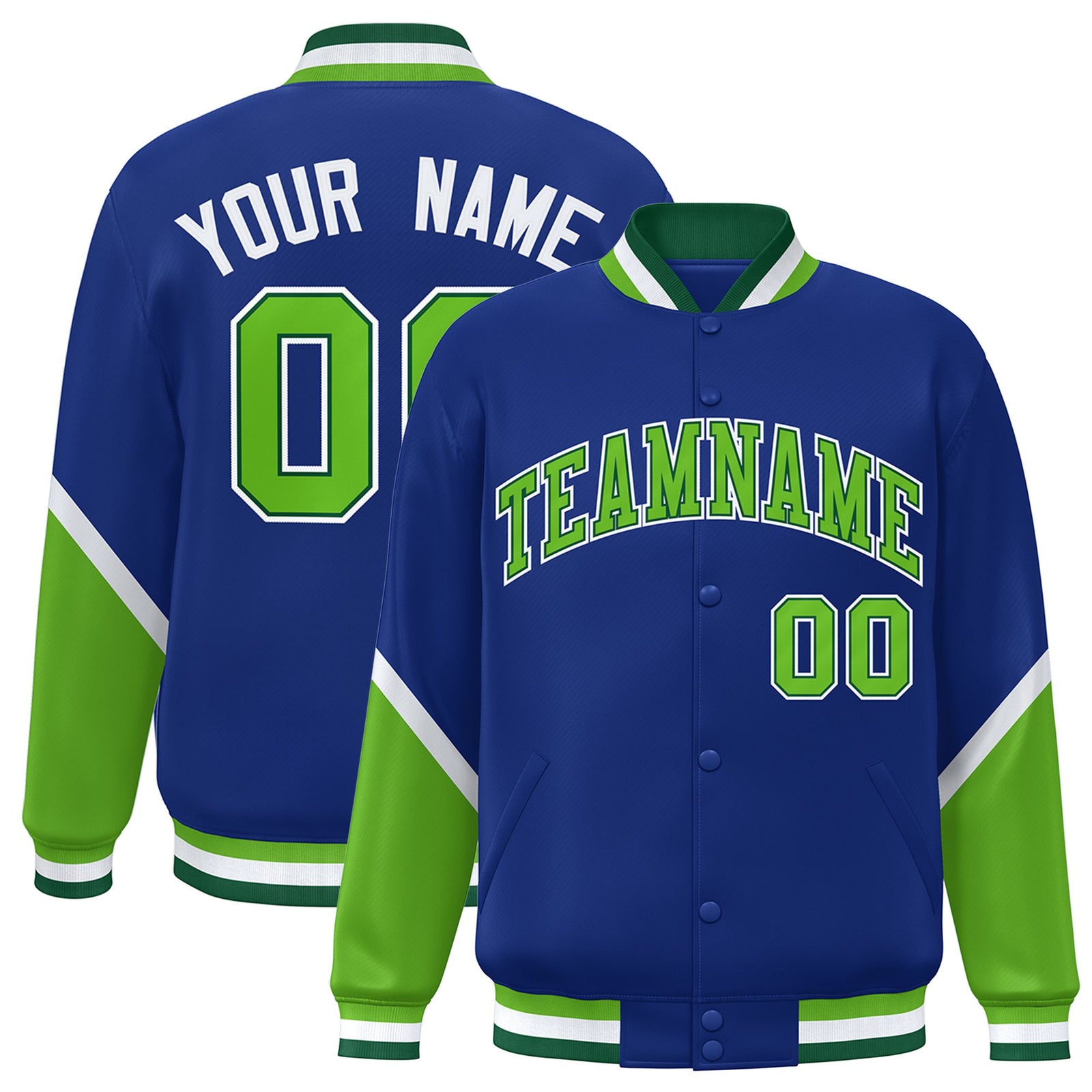 Custom Royal Blue Neon Green-White Varsity Full-Snap Color Block Letterman Jacket