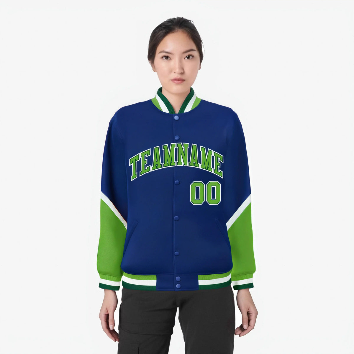 Custom Royal Blue Neon Green-White Varsity Full-Snap Color Block Letterman Jacket