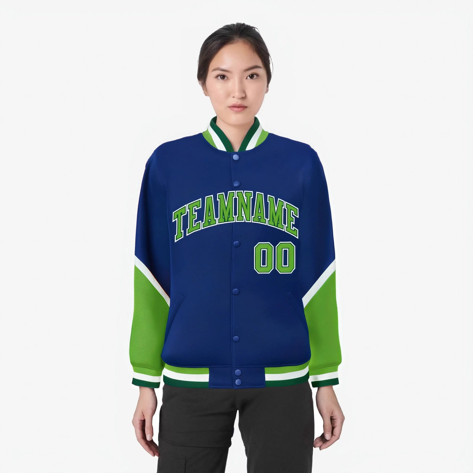 Custom Royal Blue Neon Green-White Varsity Full-Snap Color Block Letterman Jacket