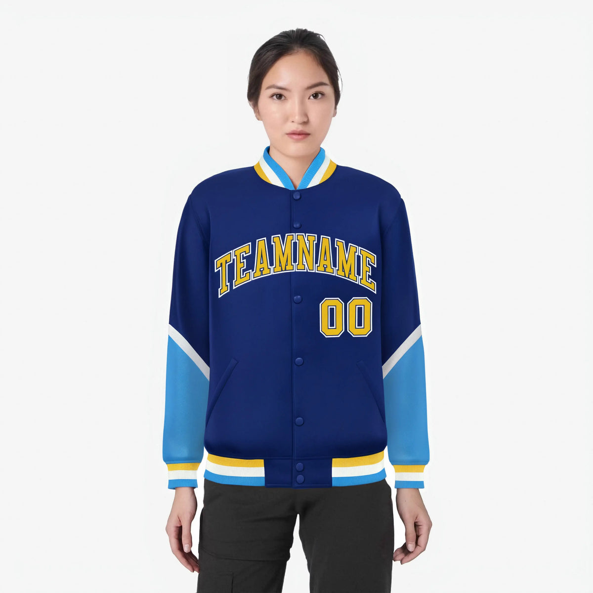 Custom Royal Blue Powder Blue-White Varsity Full-Snap Color Block Letterman Jacket