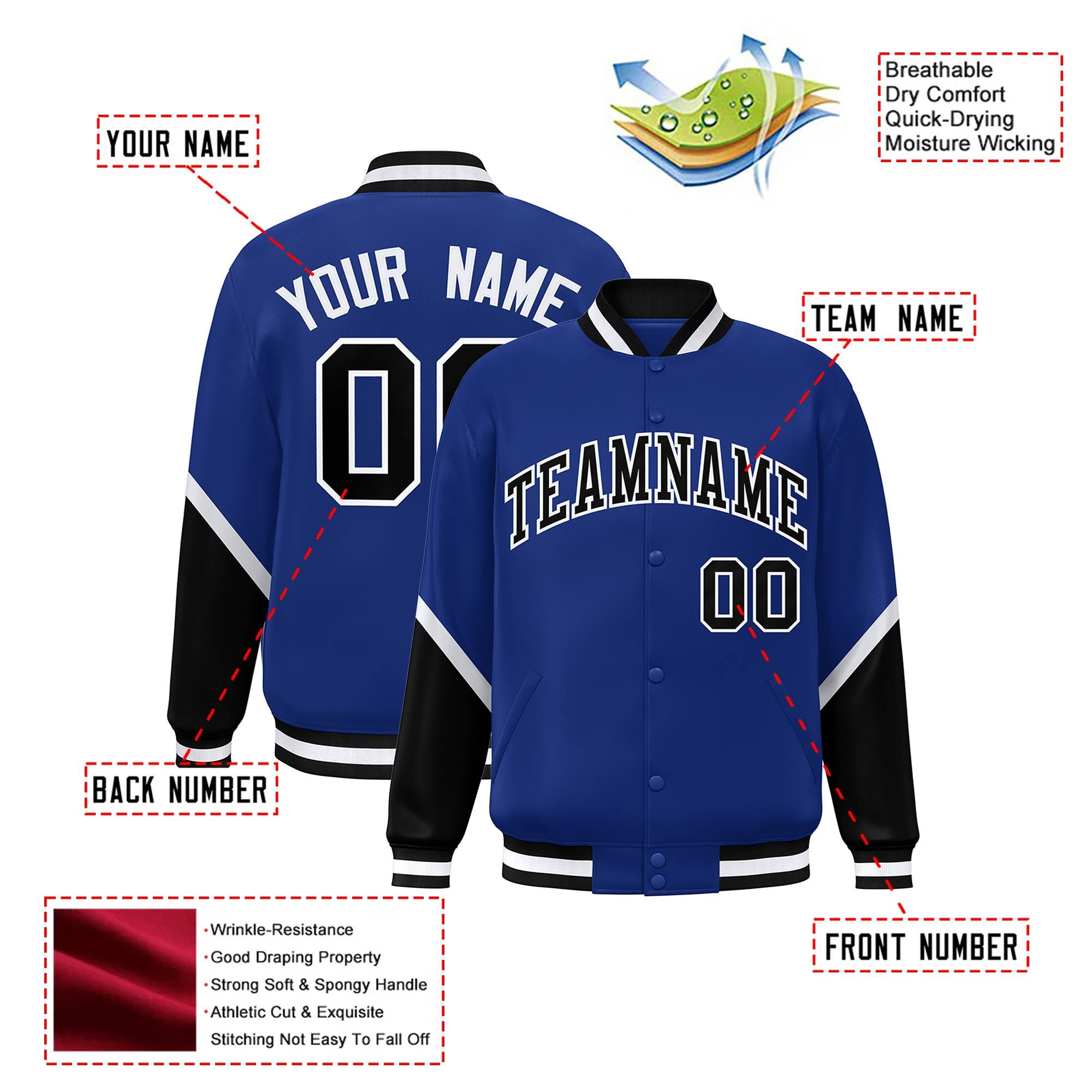 Custom Royal Blue Black-White Varsity Full-Snap Color Block Letterman Jacket