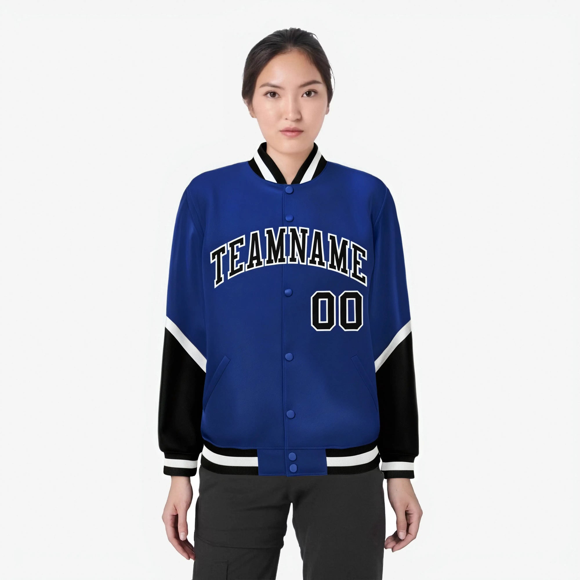 Custom Royal Blue Black-White Varsity Full-Snap Color Block Letterman Jacket