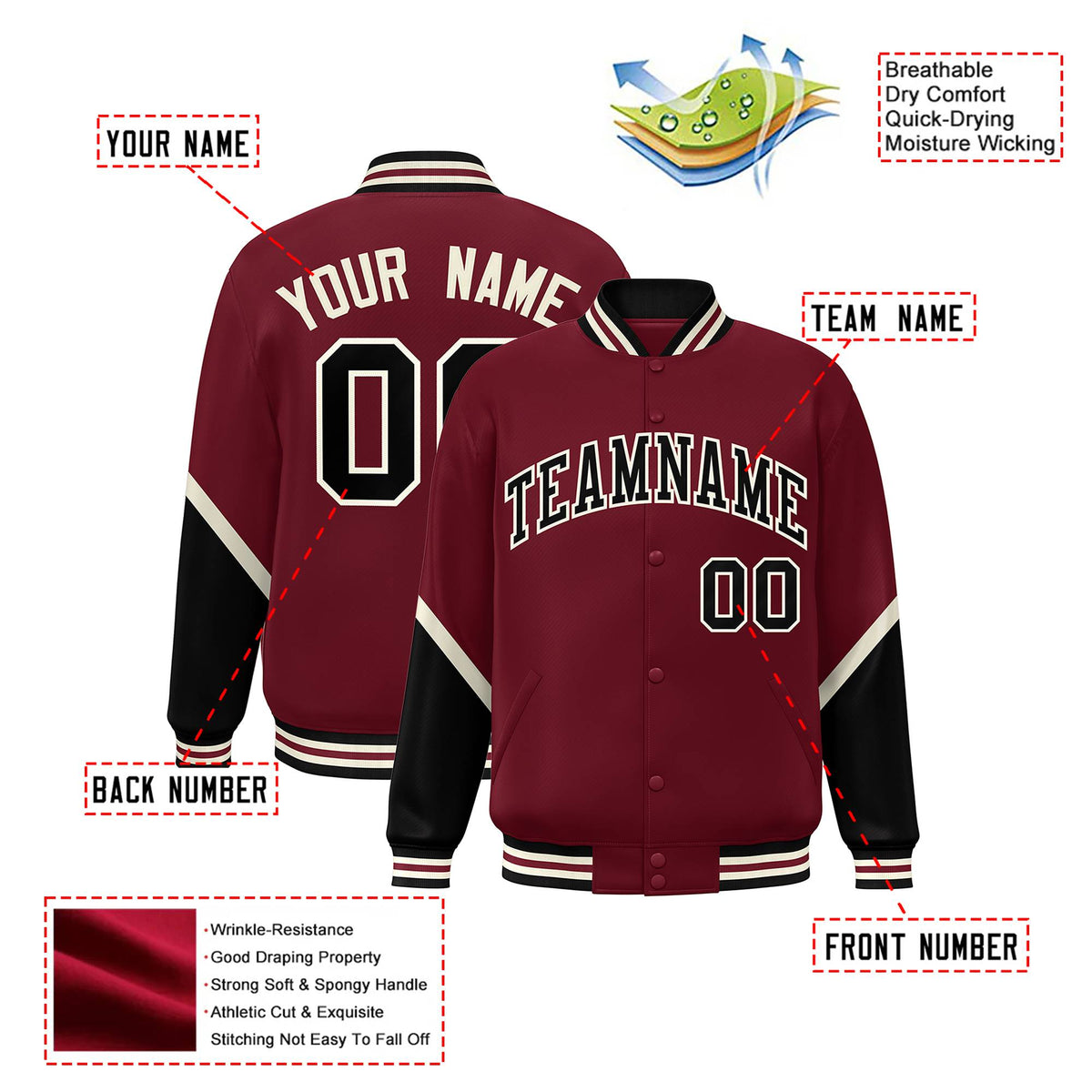 Custom Crimson Black-Cream Varsity Full-Snap Color Block Letterman Jacket