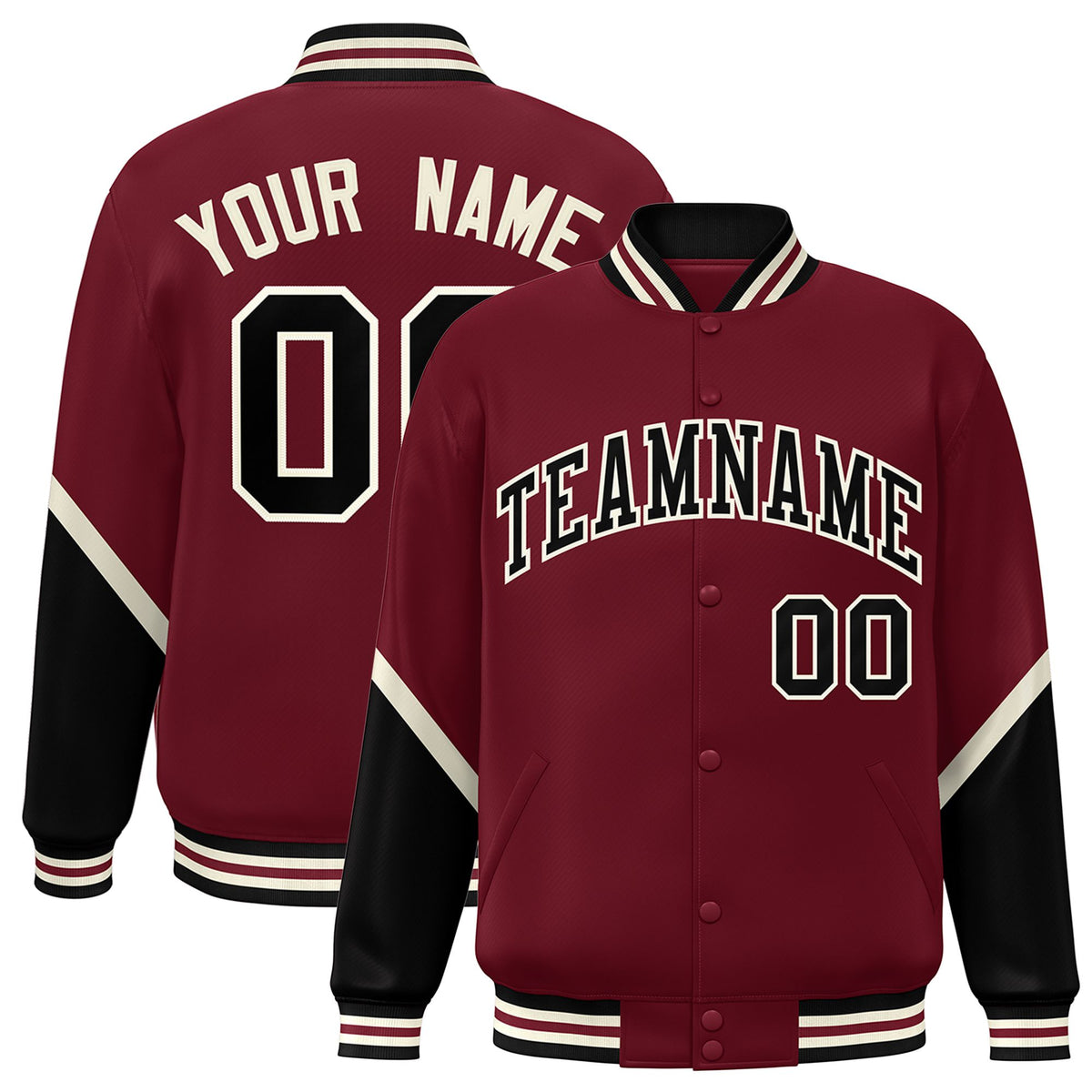 Custom Crimson Black-Cream Varsity Full-Snap Color Block Letterman Jacket