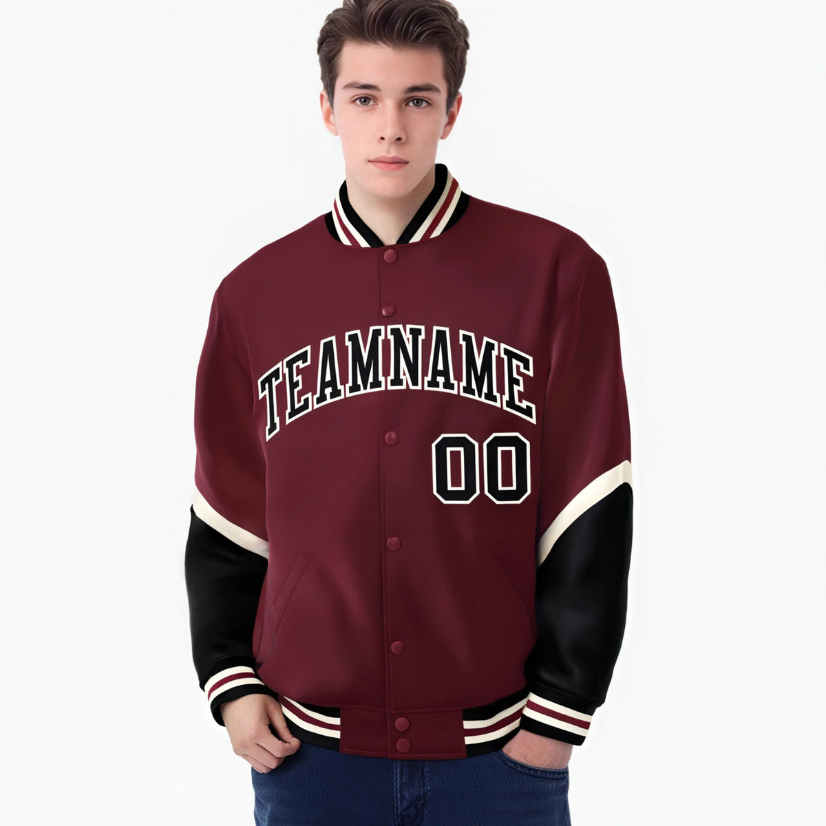 Custom Crimson Black-Cream Varsity Full-Snap Color Block Letterman Jacket
