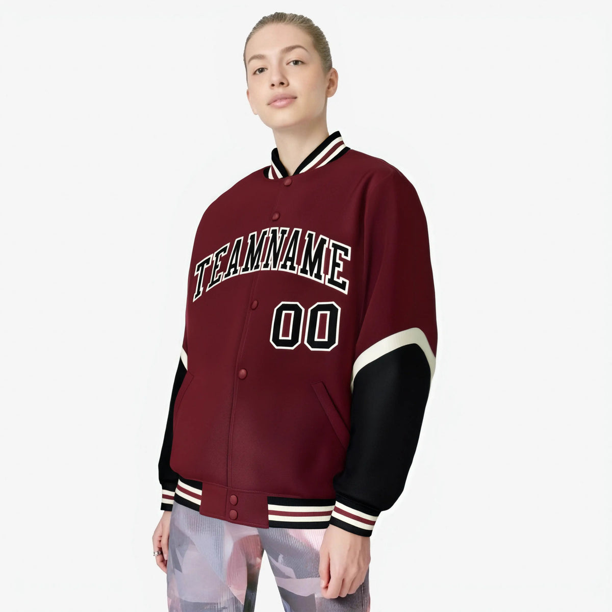 Custom Crimson Black-Cream Varsity Full-Snap Color Block Letterman Jacket