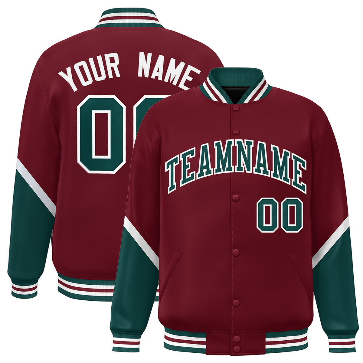 Custom Crimson Green-Cream Varsity Full-Snap Color Block Letterman Jacket