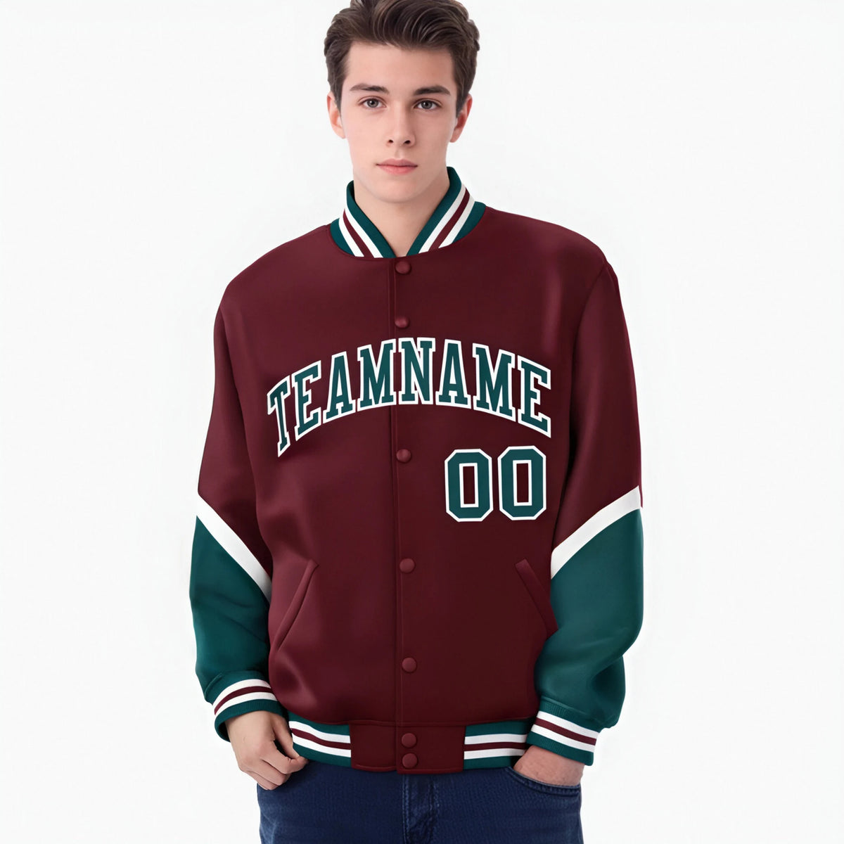 Custom Crimson Green-Cream Varsity Full-Snap Color Block Letterman Jacket