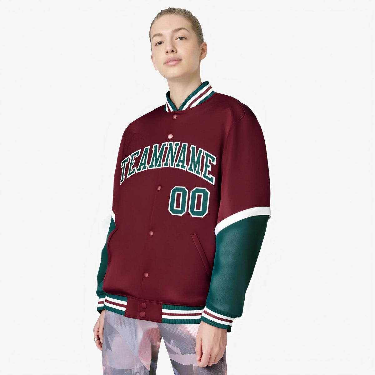 Custom Crimson Green-Cream Varsity Full-Snap Color Block Letterman Jacket