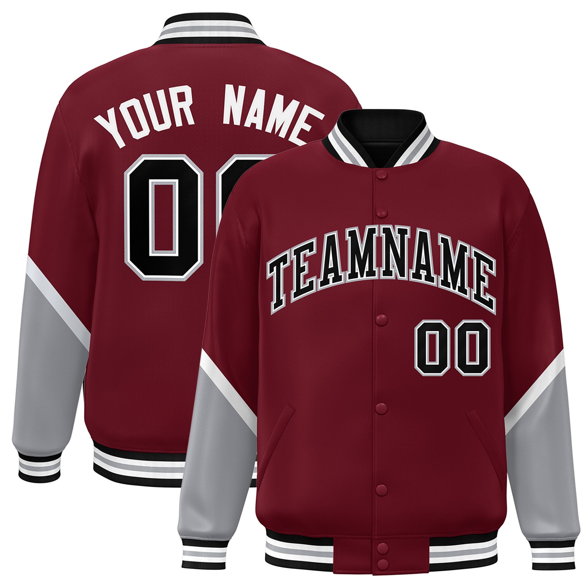 Custom Crimson Gray-Cream Varsity Full-Snap Color Block Letterman Jacket