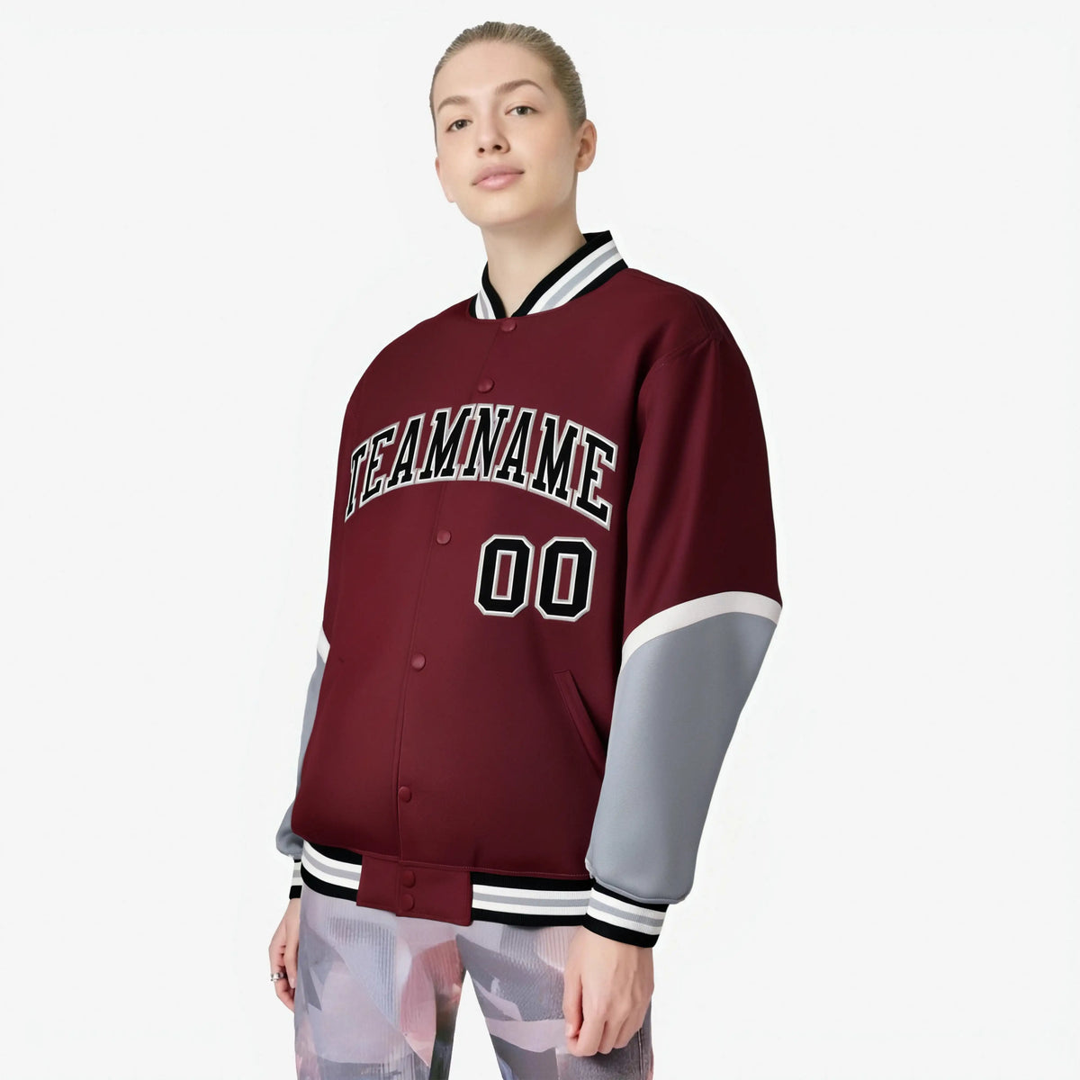 Custom Crimson Gray-Cream Varsity Full-Snap Color Block Letterman Jacket