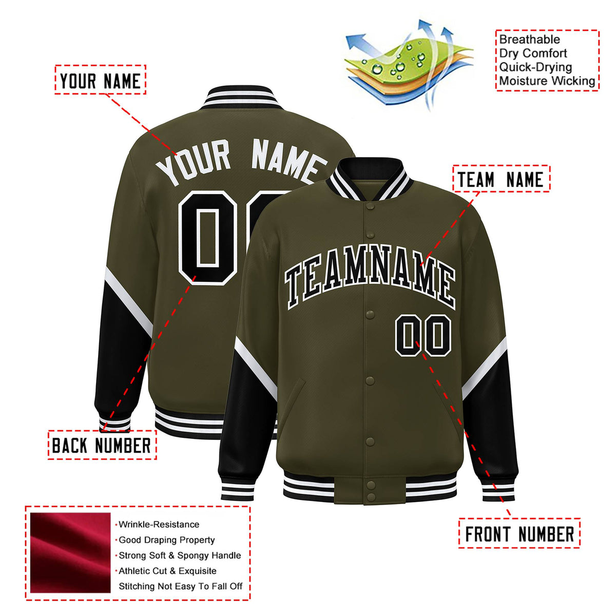Custom Olive Black-White Varsity Full-Snap Color Block Letterman Jacket