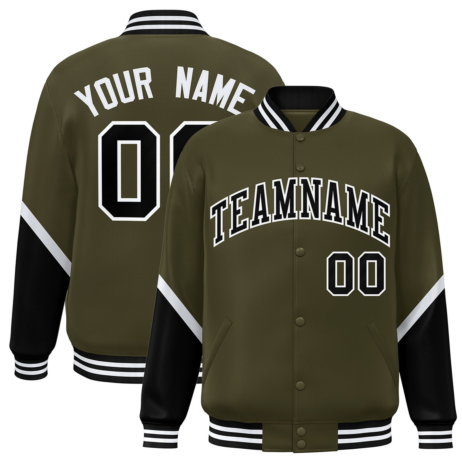 Custom Olive Black-White Varsity Full-Snap Color Block Letterman Jacket