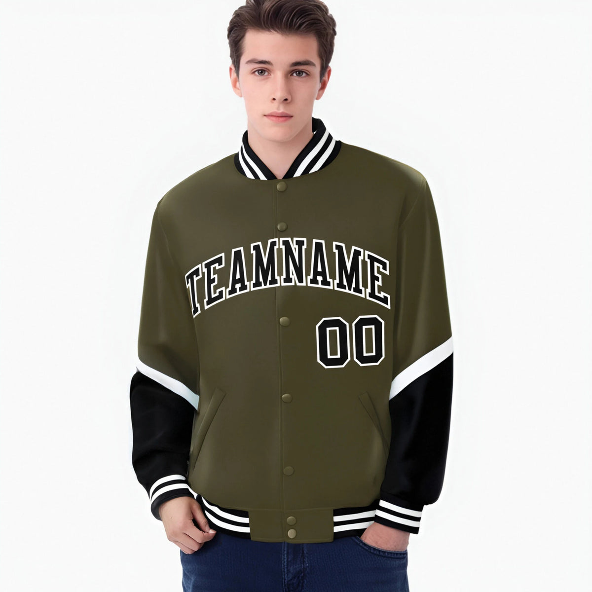 Custom Olive Black-White Varsity Full-Snap Color Block Letterman Jacket