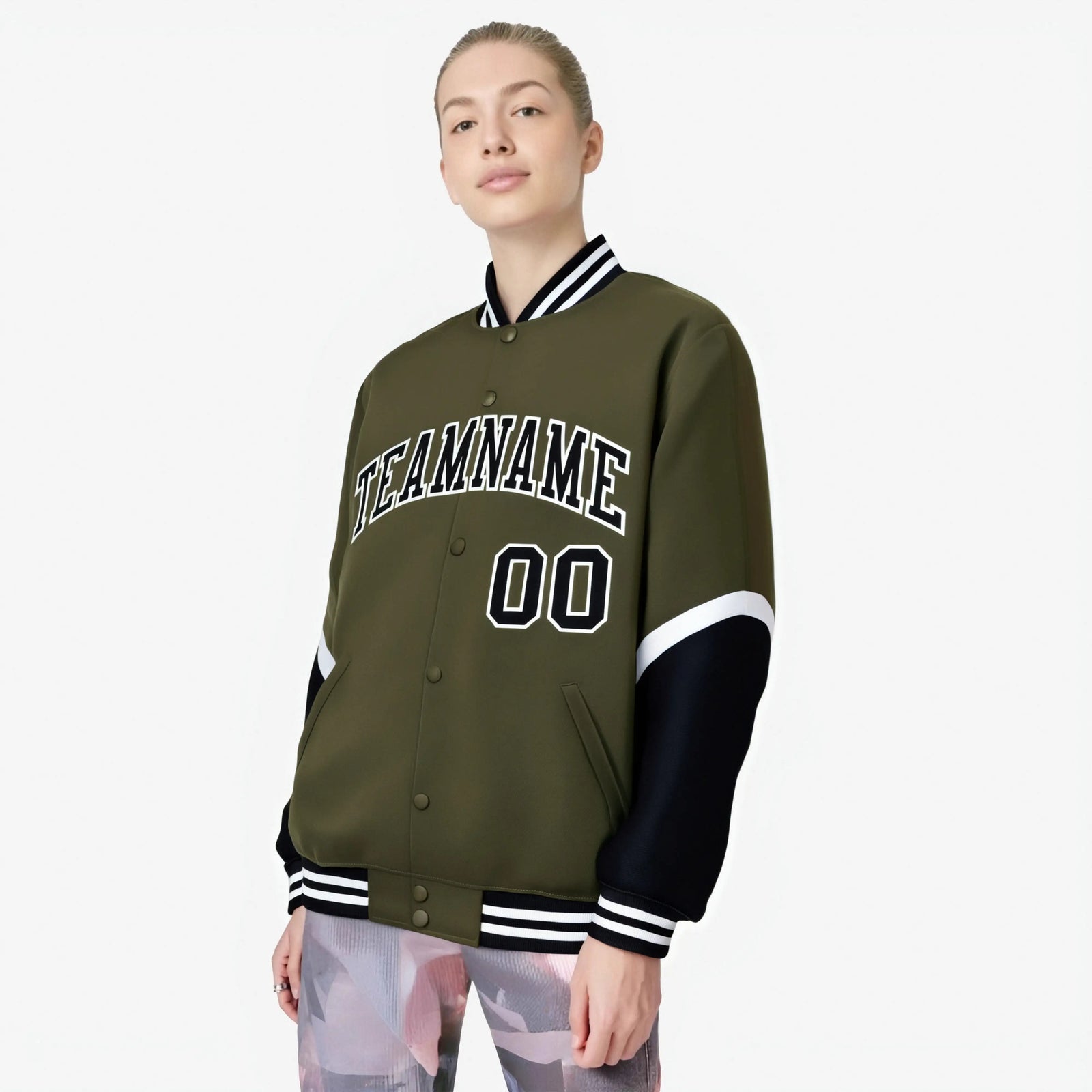 Custom Olive Black-White Varsity Full-Snap Color Block Letterman Jacket