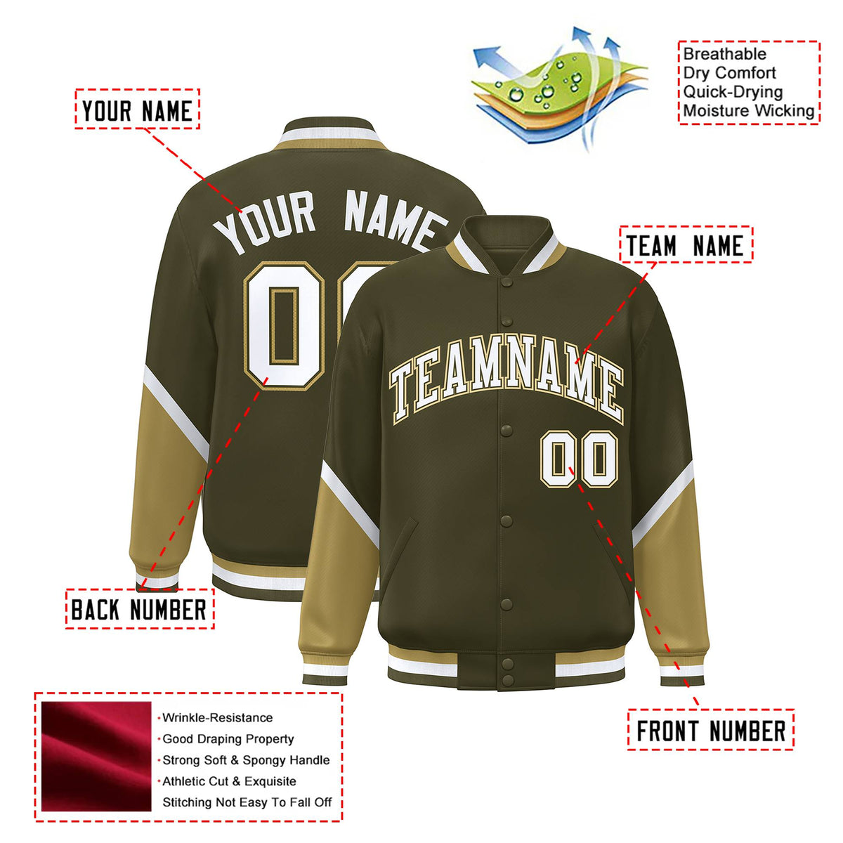 Custom Olive Old Gold-White Varsity Full-Snap Color Block Letterman Jacket