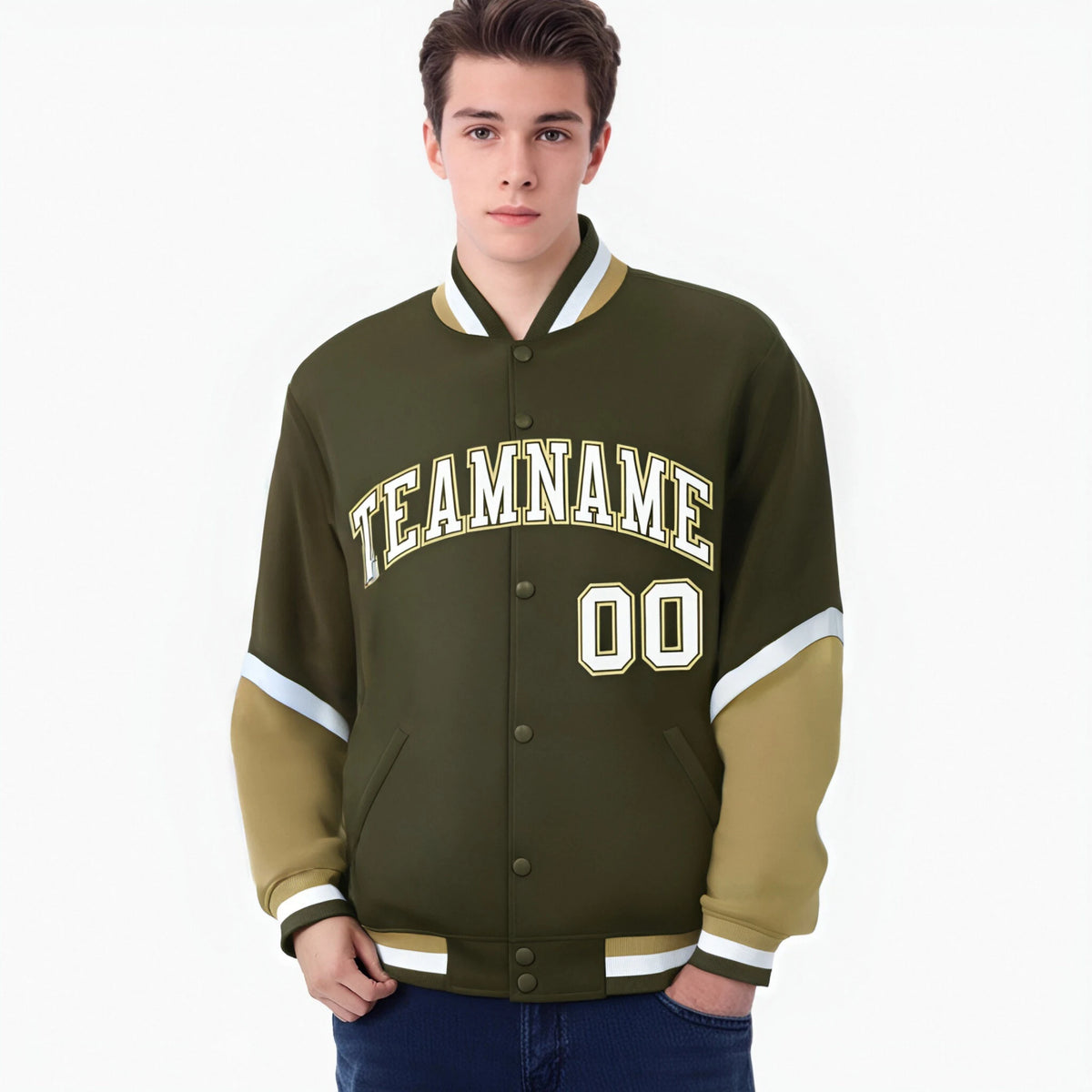 Custom Olive Old Gold-White Varsity Full-Snap Color Block Letterman Jacket