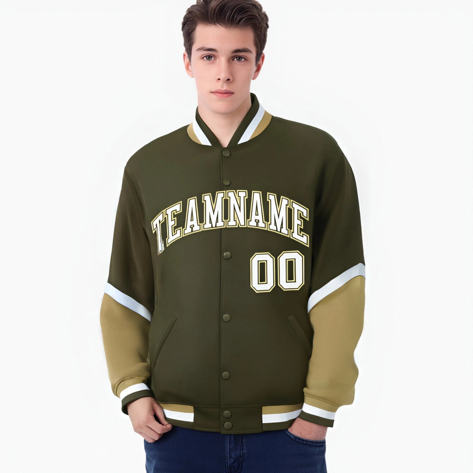 Custom Olive Old Gold-White Varsity Full-Snap Color Block Letterman Jacket