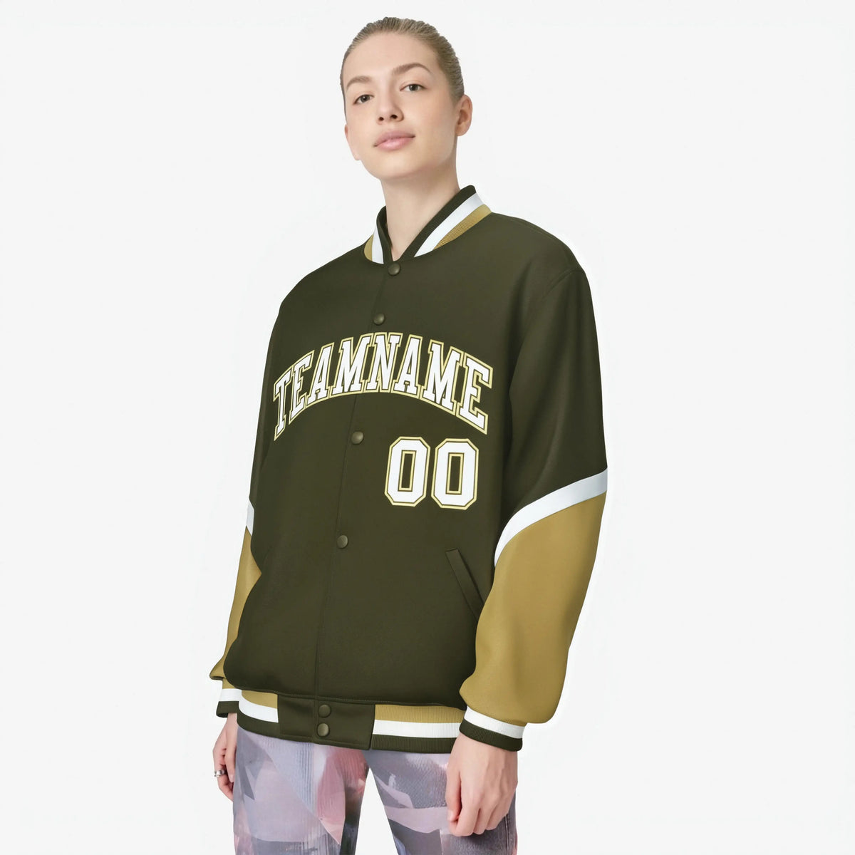 Custom Olive Old Gold-White Varsity Full-Snap Color Block Letterman Jacket
