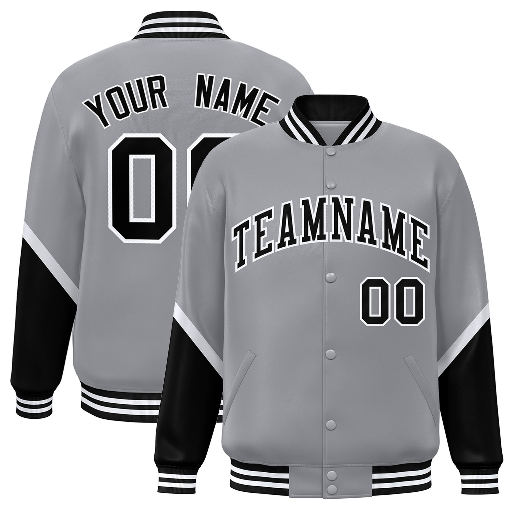 Custom Gray Black-White Varsity Full-Snap Color Block Letterman Jacket