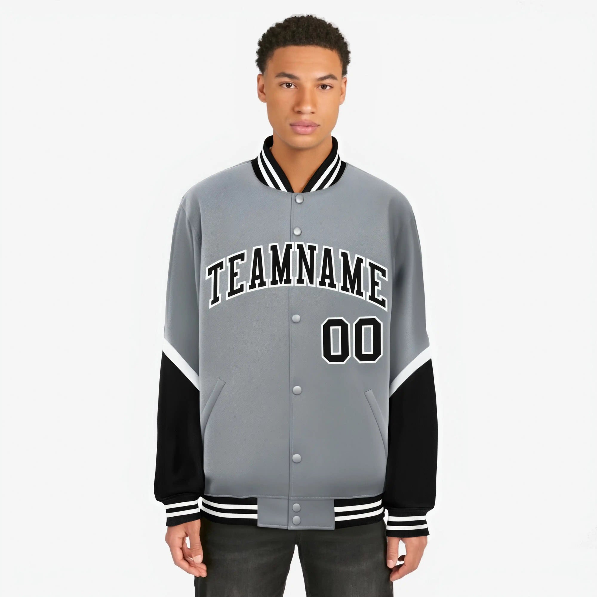 Custom Gray Black-White Varsity Full-Snap Color Block Letterman Jacket