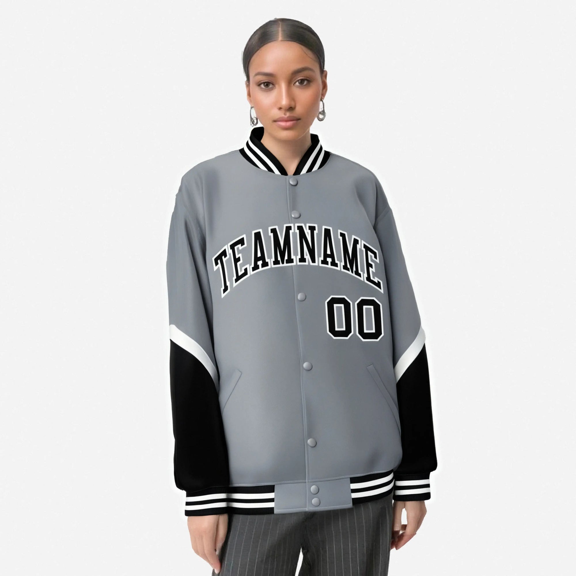 Custom Gray Black-White Varsity Full-Snap Color Block Letterman Jacket