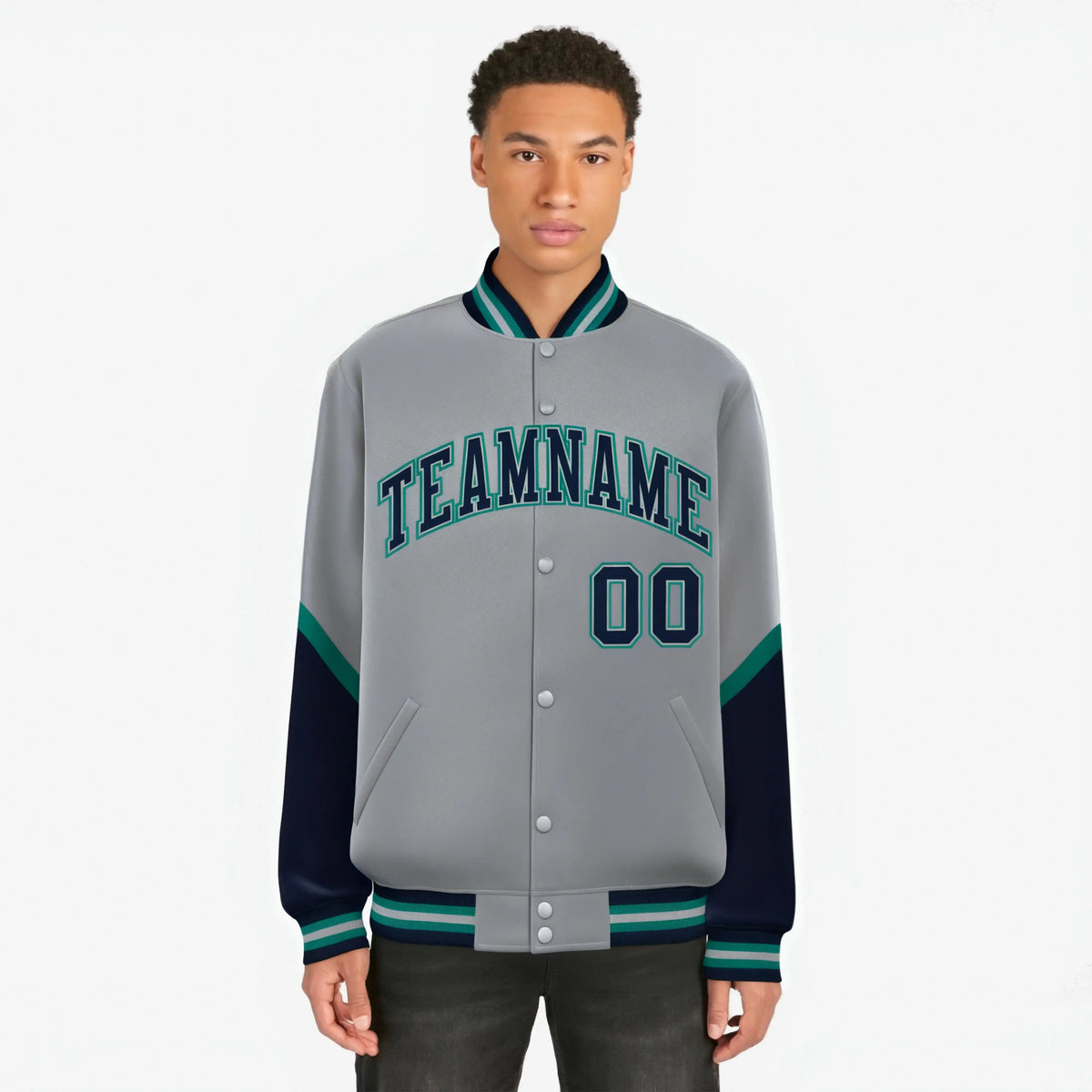 Custom Gray Navy-Aqua Varsity Full-Snap Color Block Letterman Jacket