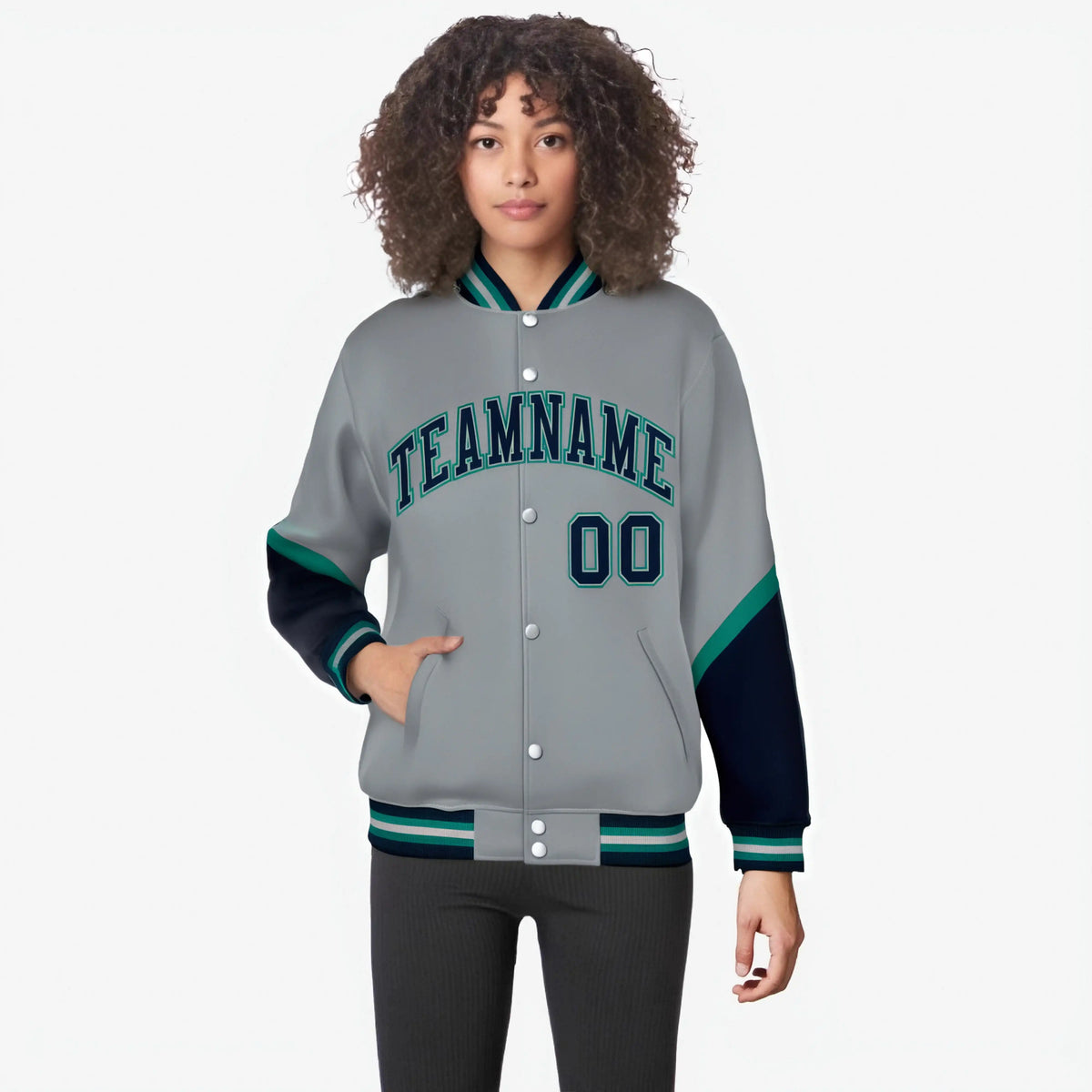 Custom Gray Navy-Aqua Varsity Full-Snap Color Block Letterman Jacket