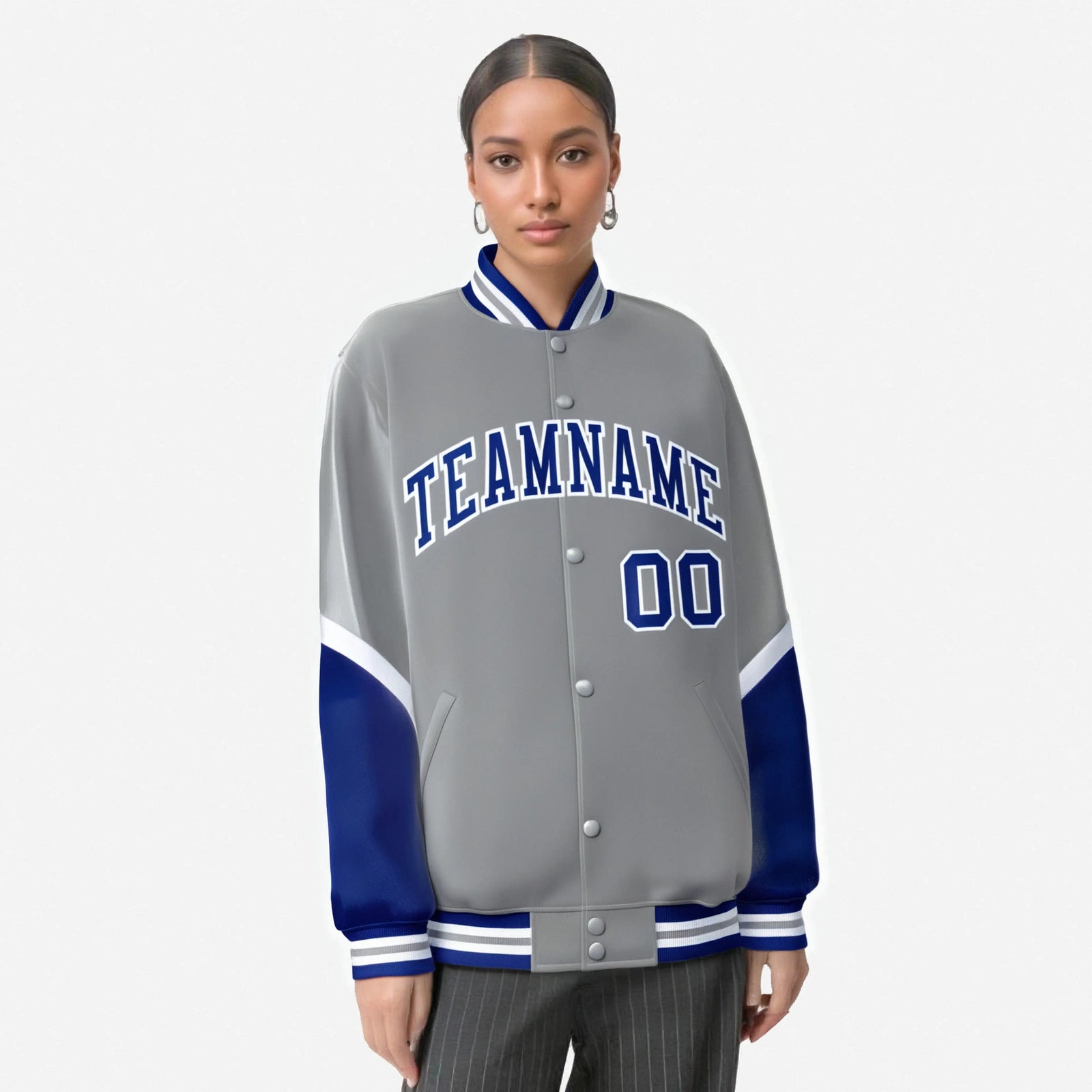 Custom Gray Royal Blue-White Varsity Full-Snap Color Block Letterman Jacket