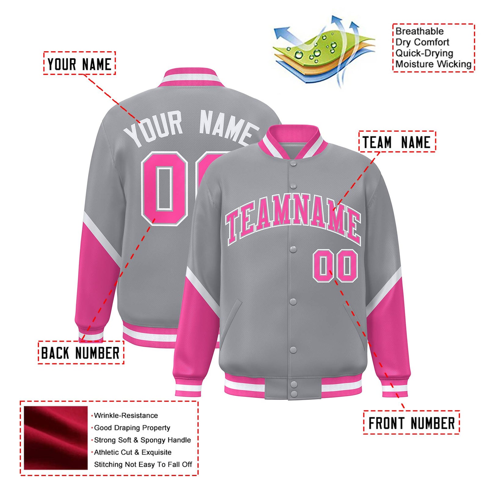Custom Gray Pink-White Varsity Full-Snap Color Block Letterman Jacket