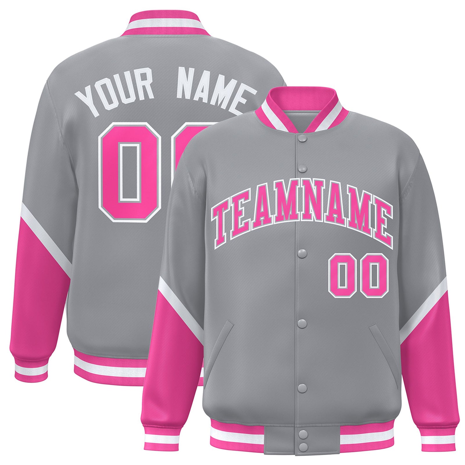 Custom Gray Pink-White Varsity Full-Snap Color Block Letterman Jacket