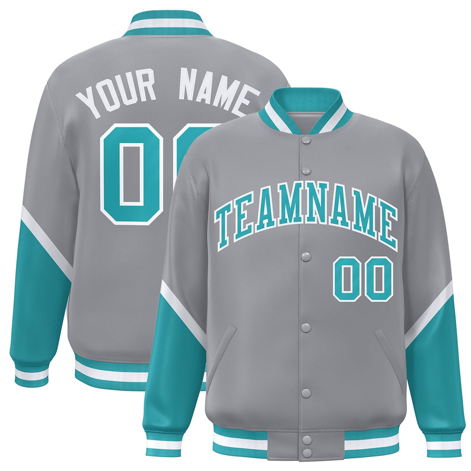 Custom Gray Aqua-White Varsity Full-Snap Color Block Letterman Jacket