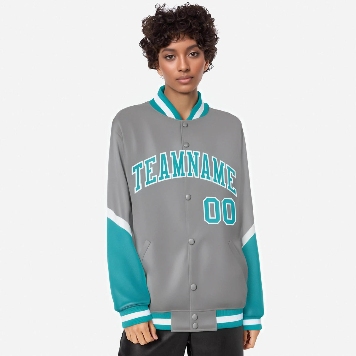 Custom Gray Aqua-White Varsity Full-Snap Color Block Letterman Jacket
