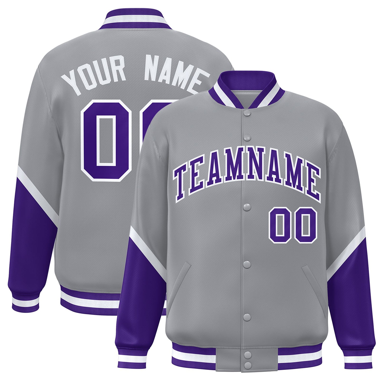 Custom Gray Purple-White Varsity Full-Snap Color Block Letterman Jacket