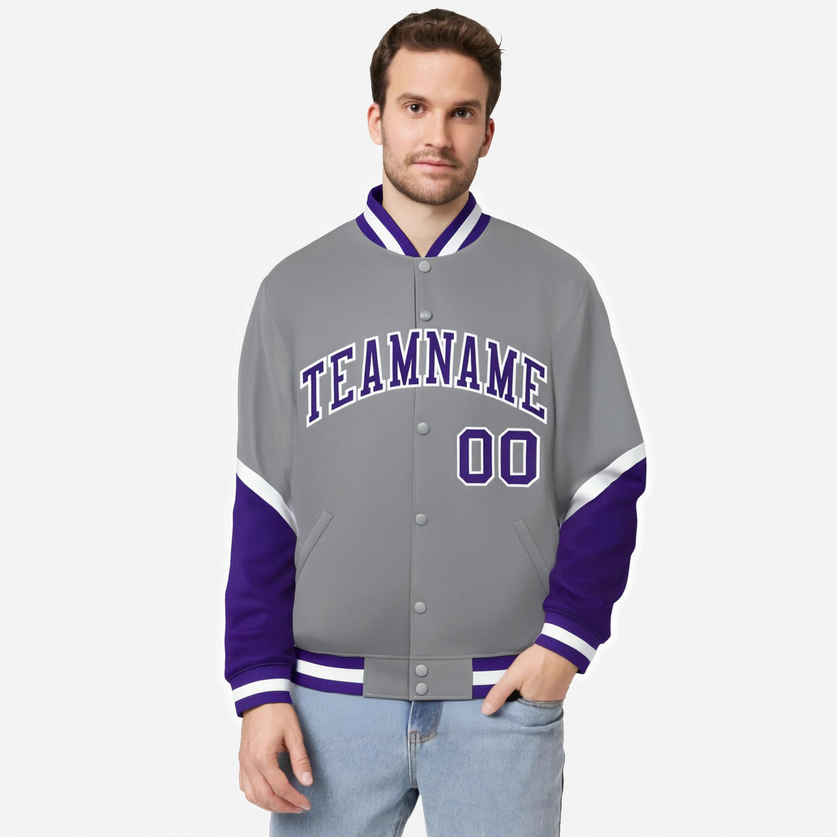 Custom Gray Purple-White Varsity Full-Snap Color Block Letterman Jacket