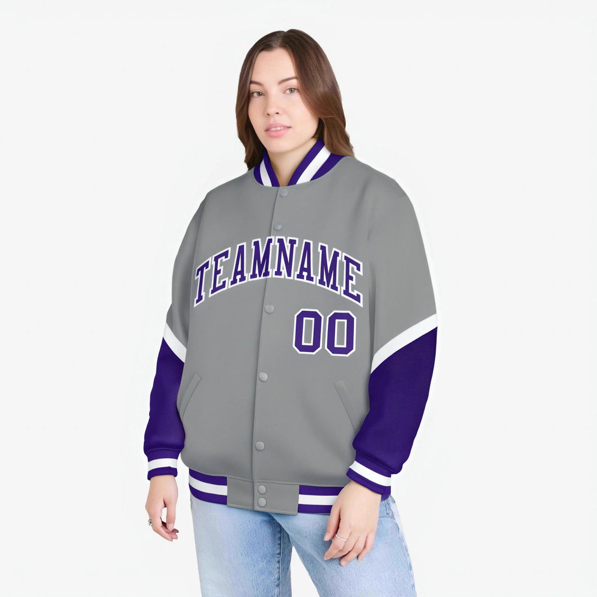 Custom Gray Purple-White Varsity Full-Snap Color Block Letterman Jacket