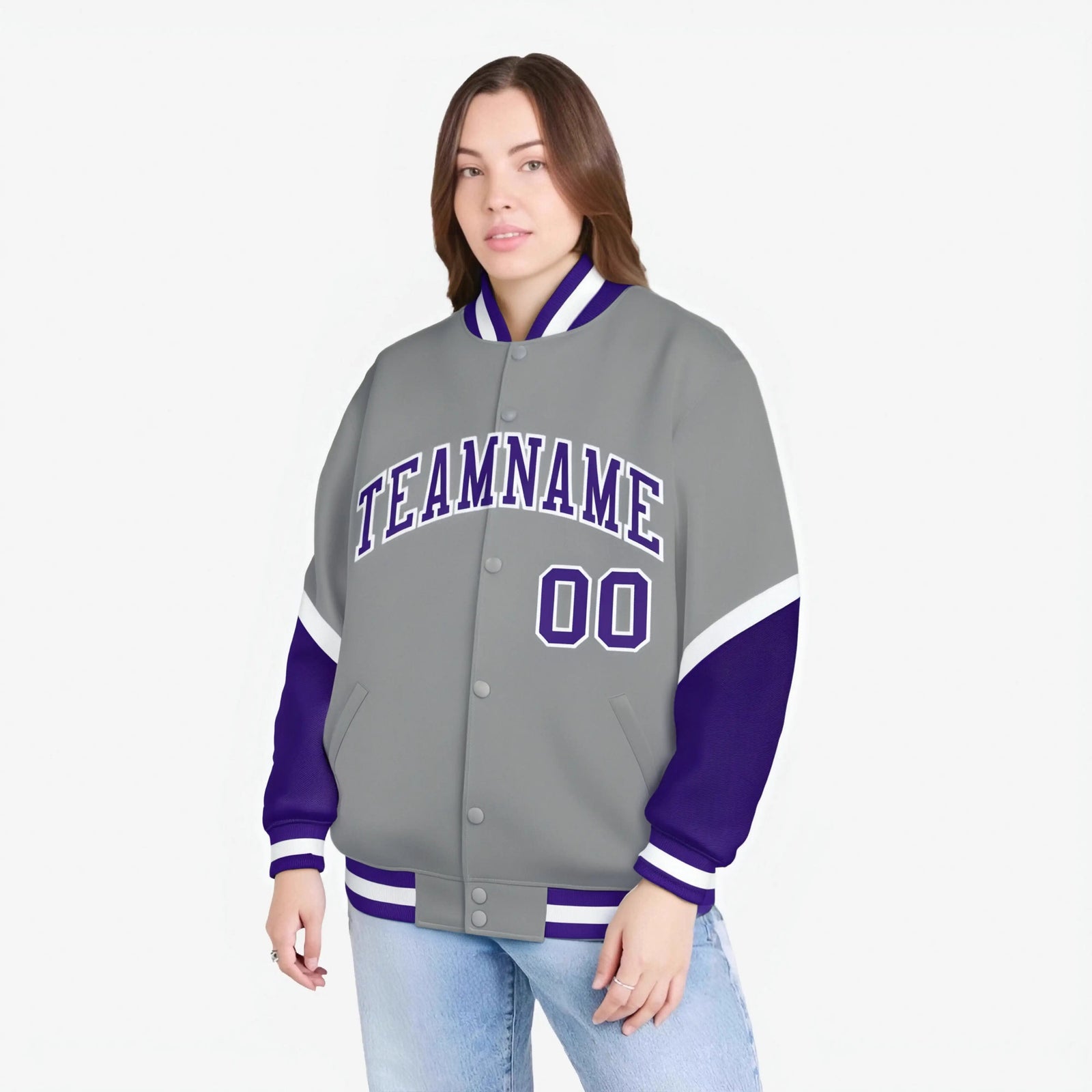 Custom Gray Purple-White Varsity Full-Snap Color Block Letterman Jacket