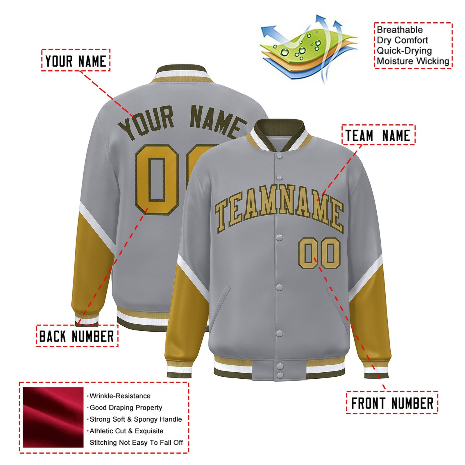 Custom Gray Old Gold-White Varsity Full-Snap Color Block Letterman Jacket
