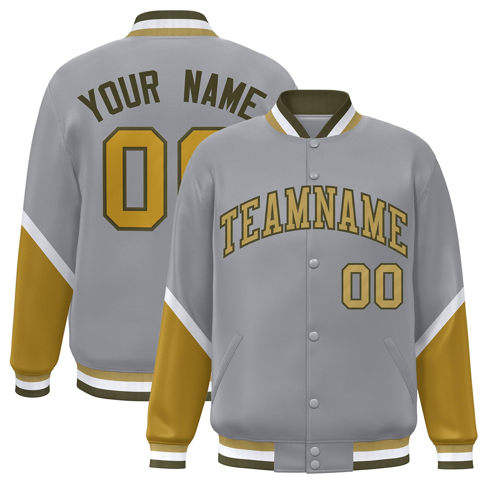Custom Gray Old Gold-White Varsity Full-Snap Color Block Letterman Jacket