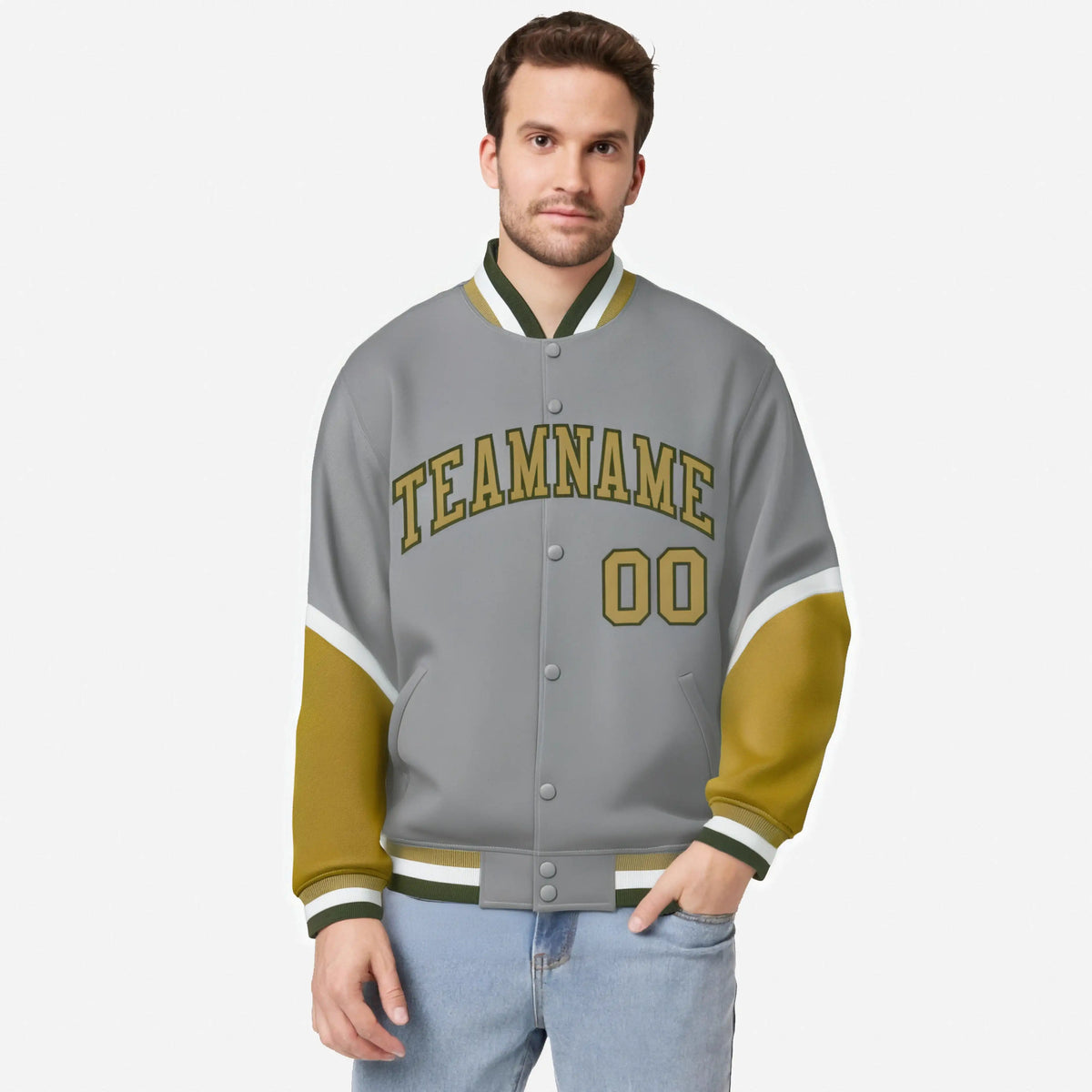 Custom Gray Old Gold-White Varsity Full-Snap Color Block Letterman Jacket