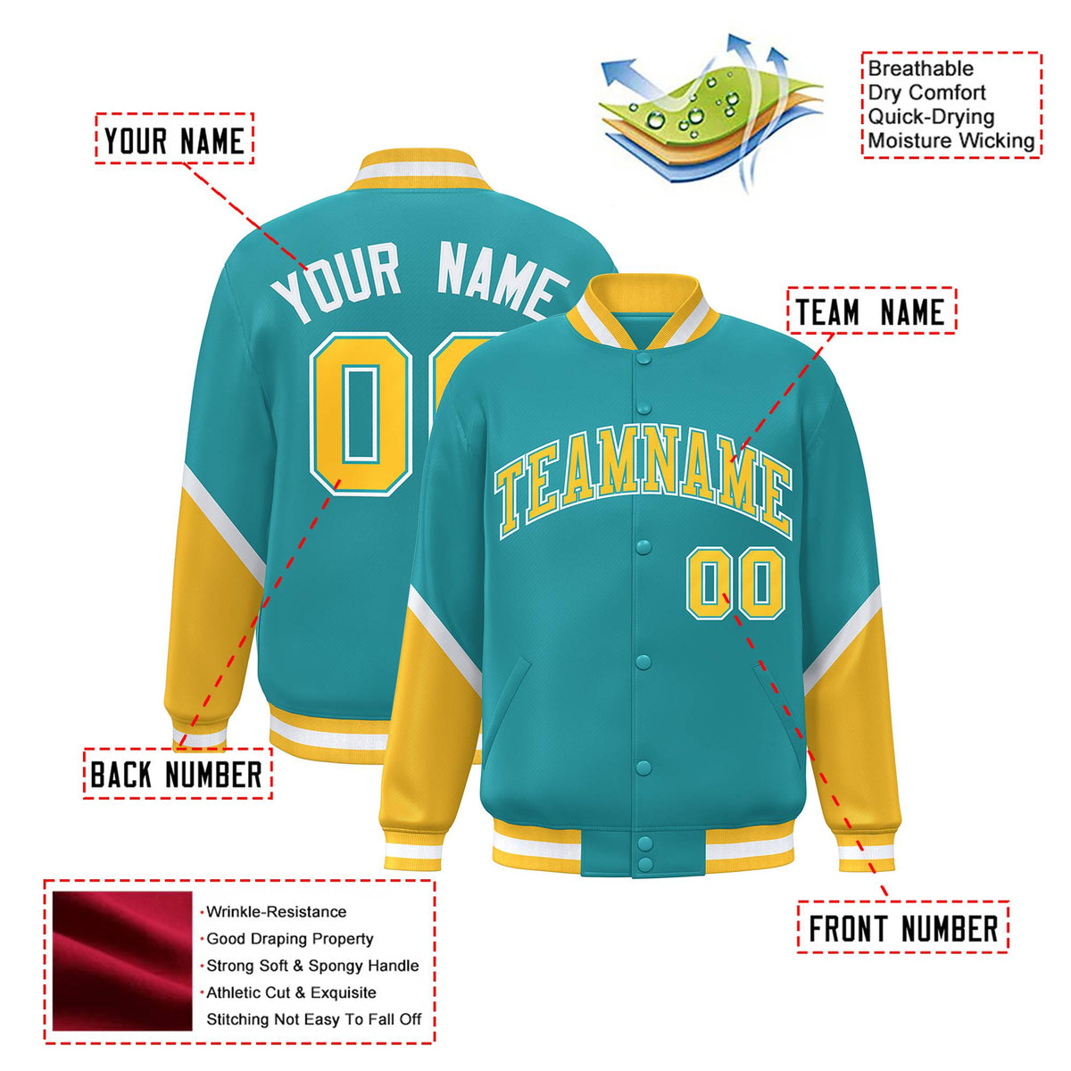 Custom Aqua Gold-White Varsity Full-Snap Color Block Letterman Jacket