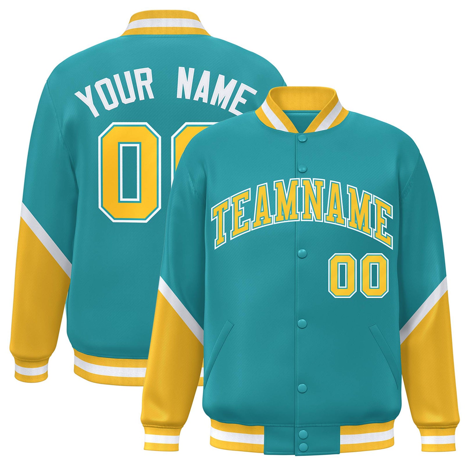 Custom Aqua Gold-White Varsity Full-Snap Color Block Letterman Jacket